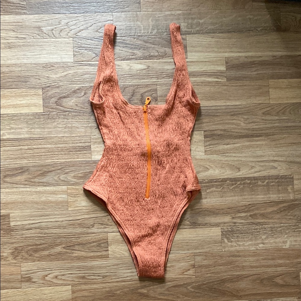 Orange One Piece Swimsuit with High Cut and Textured Design